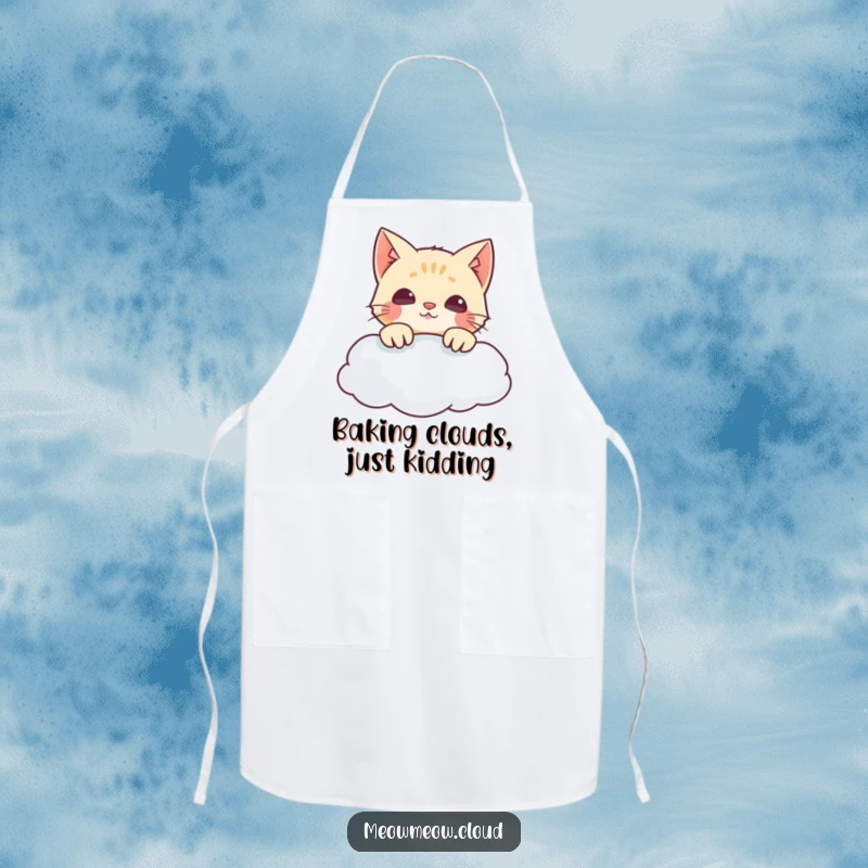 Funny apron with a mischievous cat peeking over a cloud, perfect for adding humor to kitchen tasks.