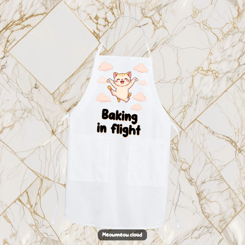 Funny joyful cat leaping between clouds, a humorous apron for energetic kitchens and funny gifts.