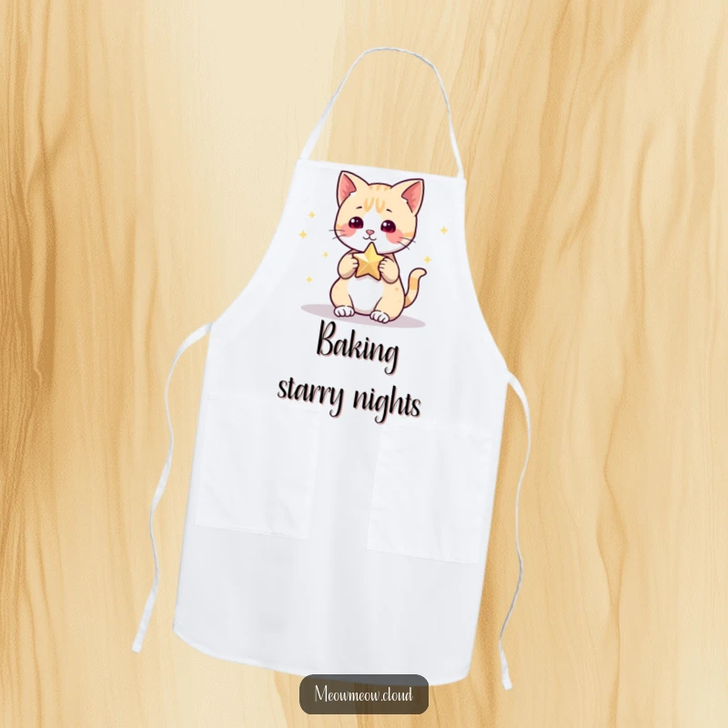 Funny Apron displaying a cute cat character playfully reaching for a bright star, ideal for kitchen protection with a humorous, celestial touch.