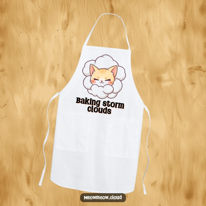 Funny apron featuring a mischievous cat peering from a cumulonimbus cloud, perfect for kitchen antics.