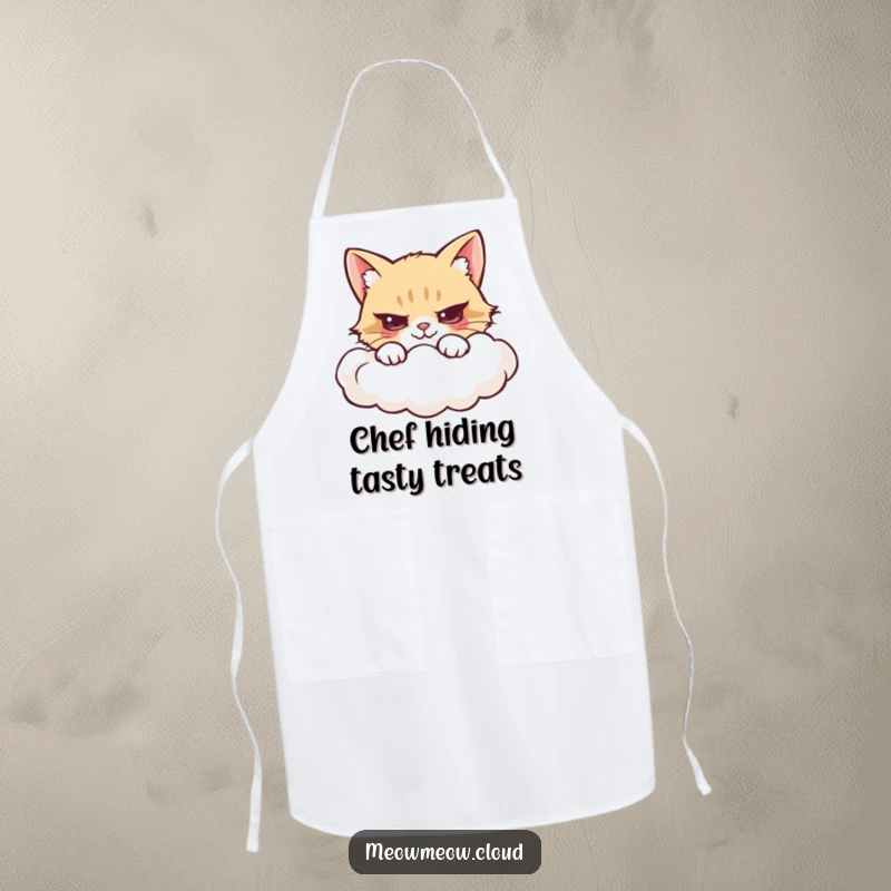 Funny apron with a mischievous cartoon cat hiding behind a cloud, ready for kitchen antics.