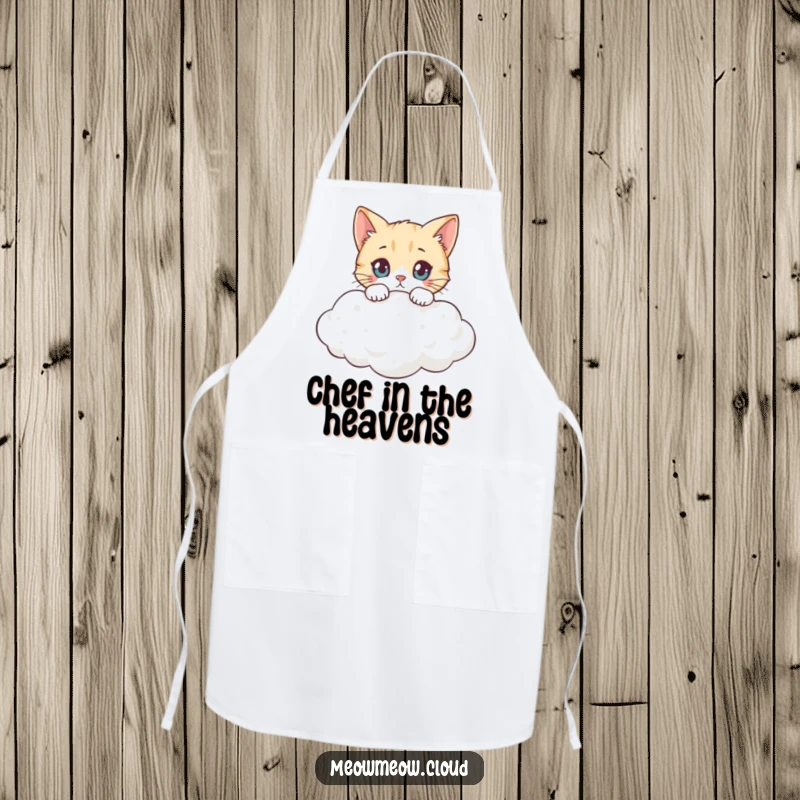 Funny curious cat peeking over a cloud, a humorous apron for kitchen whimsy and funny gifts.