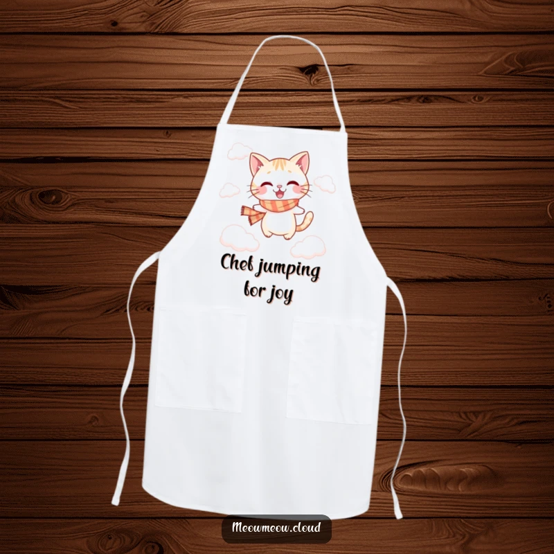 Funny jumping cat apron showing a playful cat in a scarf, leaping between fluffy clouds.