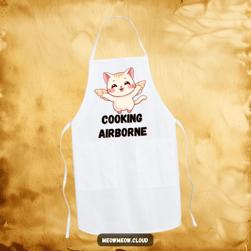 Funny Apron showcasing a cheerful cat with small wings, flying happily, ideal for kitchen protection with a humorous, whimsical theme.