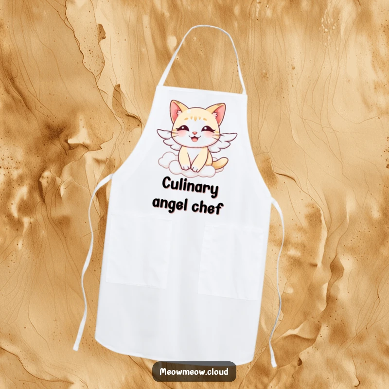 Funny angel cat apron, cat with wings preparing food in the kitchen, humorous and protective wear for angelic chefs.