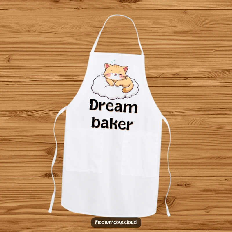 Funny cat napping on a cloud, printed on a kitchen apron, blending humor and practicality for cooks.