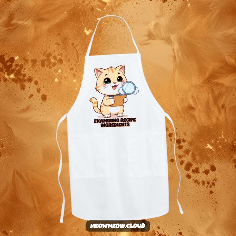 Funny cat inspector apron, a smiling cat with a clipboard uses a magnifying glass to inspect a cloud, perfect for humorous and functional kitchen wear.