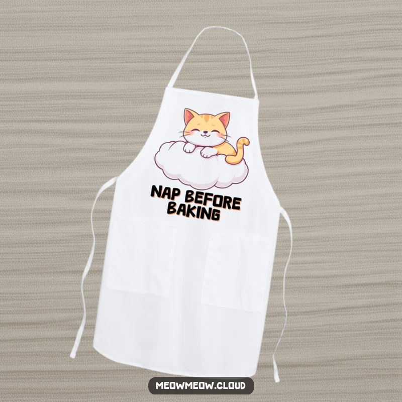 Funny apron with a happy cat lounging on a puffy white cloud, perfect for adding calm humor to cooking.
