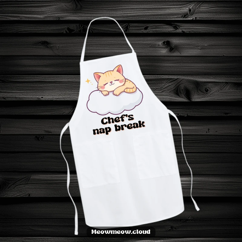 Funny cat cloud apron showing a content cat sleeping on a cloud, perfect for a serene chef.