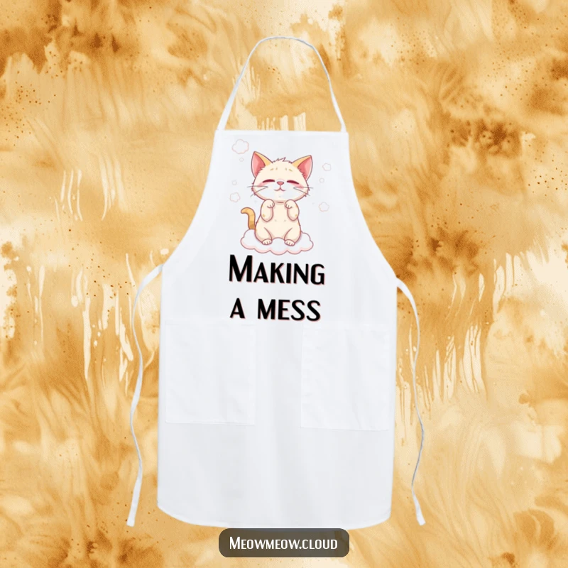 Funny cat cloud wisp apron showing a mischievous cat playing with fluffy clouds, perfect for a playful cook.
