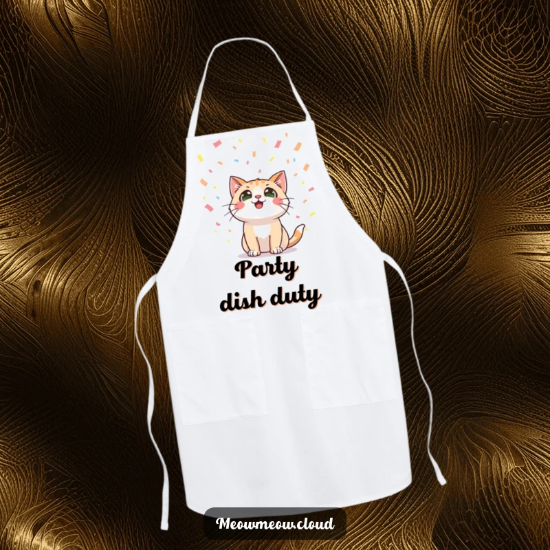 Funny apron featuring a happy cat character looking up with wide eyes at falling confetti, bringing festivity to cooking.