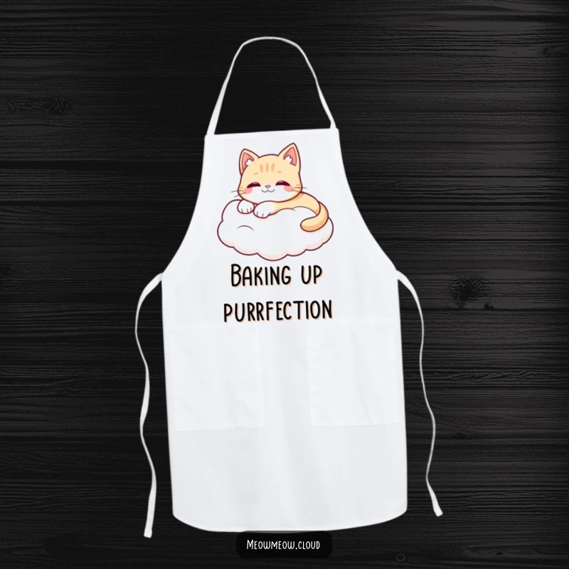 Funny apron featuring a cute cat character lounging on a fluffy white cloud, perfect for hosting with feline grace.