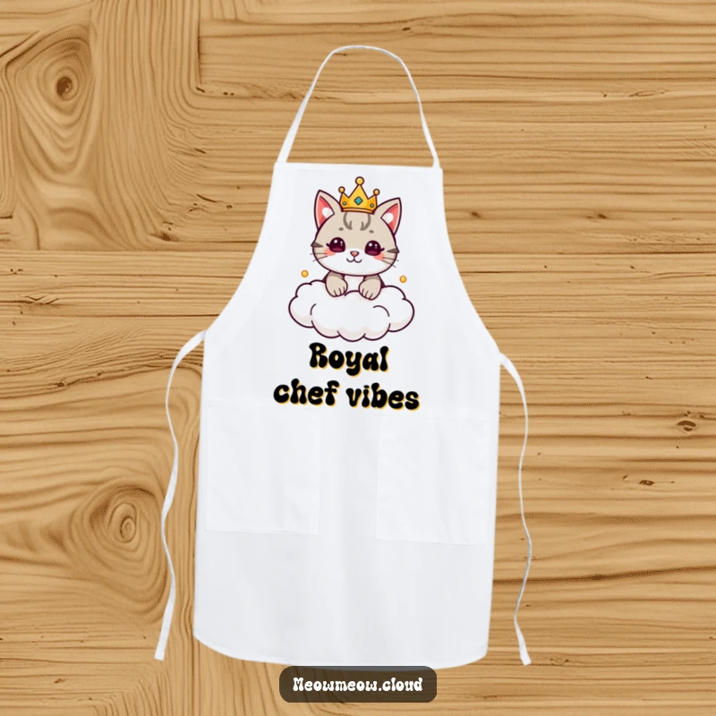 Funny Cat King Apron showing a cute cat with a crown ruling a cloud kingdom, ready for culinary commands. Protective and stylish cooking wear.