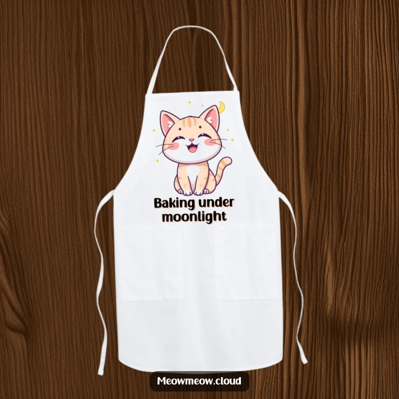Funny cat moonbeam apron showing a cheerful cat batting at a moonbeam, perfect for a playful cook.