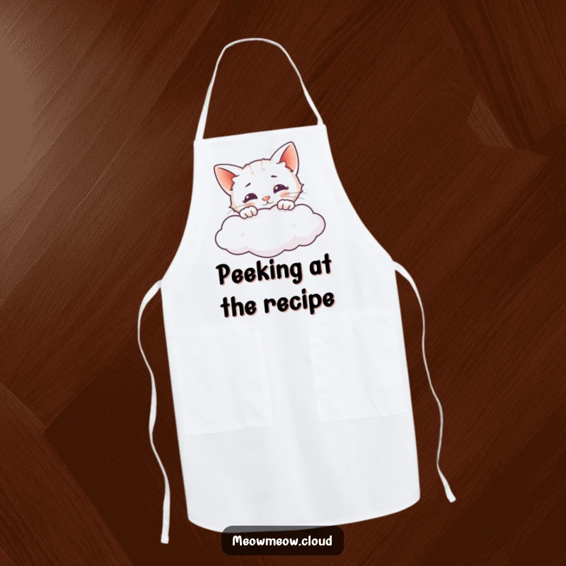 Funny apron with a curious cat peeking over a cloud, designed for a playful and fun kitchen vibe.