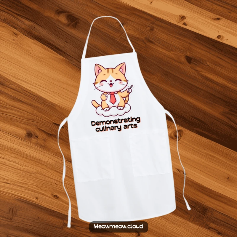 Funny cat presenter apron, a cheerful cat in a tie gives a presentation on a cloud, perfect for humorous and functional kitchen wear.