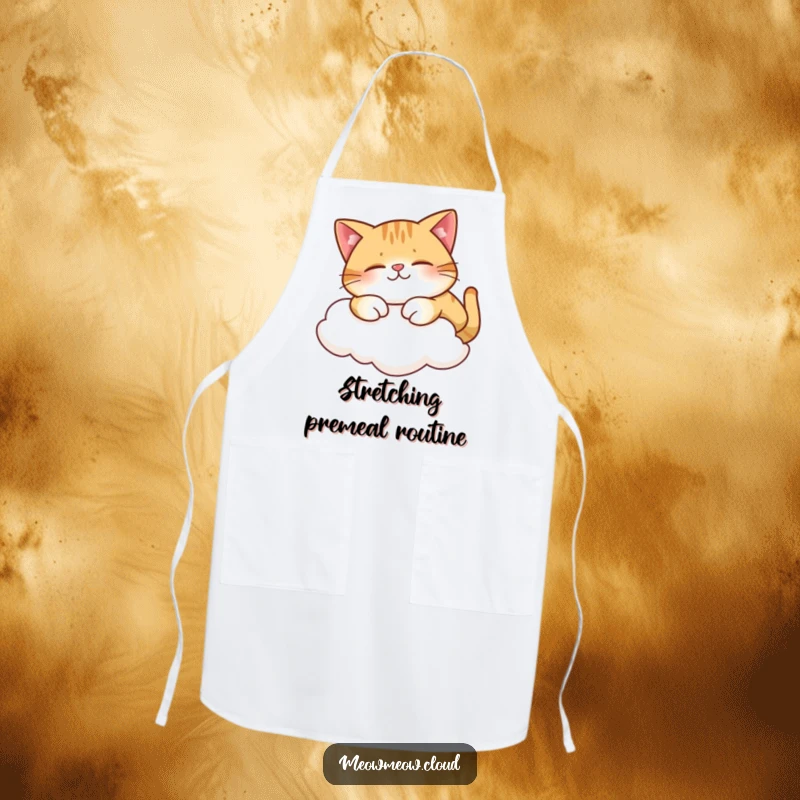 Funny apron with a contented cat stretching on a cloud, designed for a relaxed and joyful kitchen.