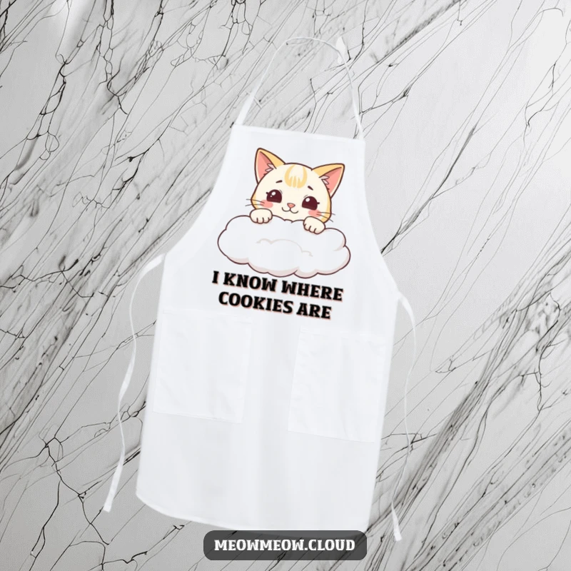 Funny apron with a cheeky cartoon cat peeking over a cloud, grinning mischievously.