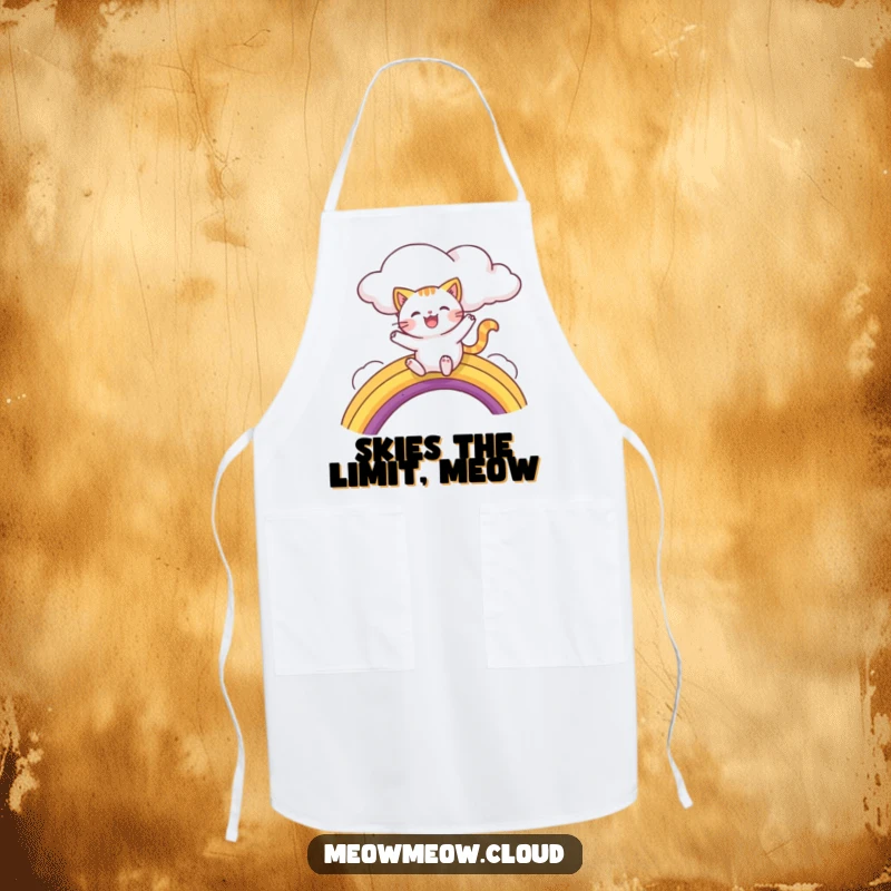 Funny apron with a joyful cat character sliding down a rainbow from a cloud, ready for a fun cooking adventure.