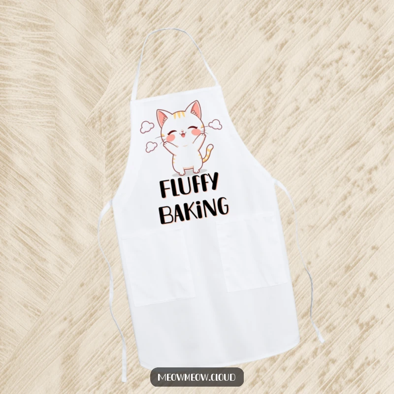 Funny Apron showcasing a playful cat character juggling small clouds, ideal for kitchen protection with a humorous, sky-themed design.