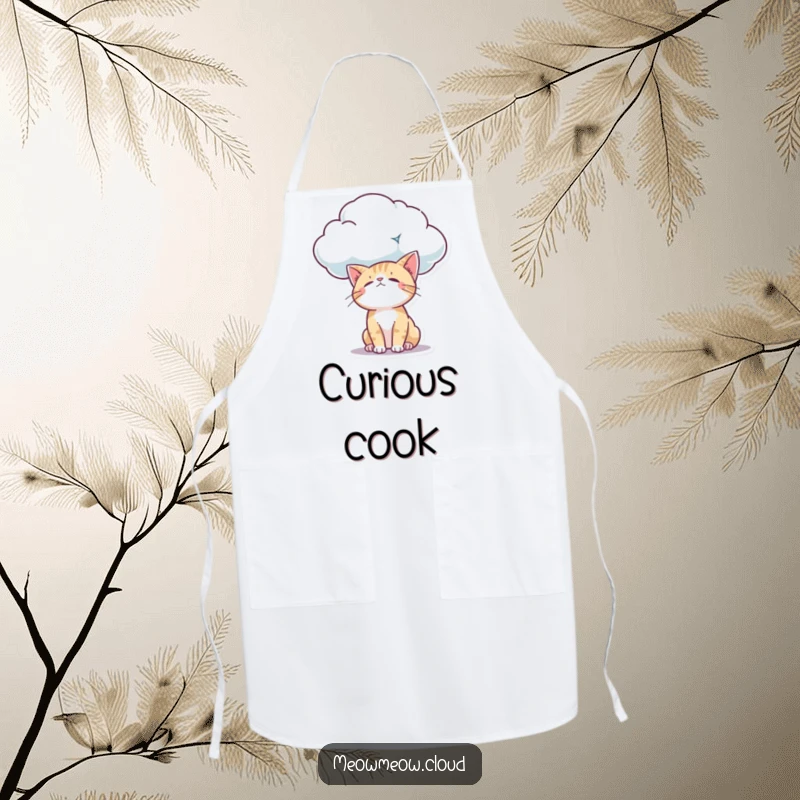 Funny curious cat looking down from a cloud with wonder, featured on a chef apron for humorous and observational kitchen wear.