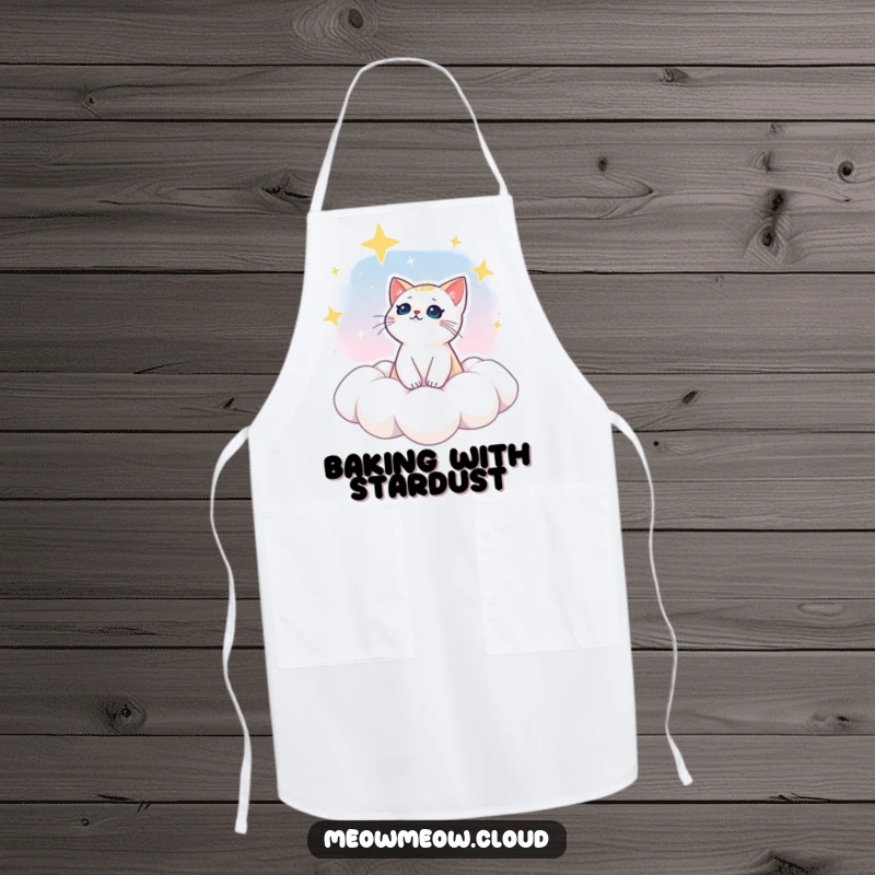 Funny apron with a dreamy cat gazing at stars from a cloud, perfect for cooking with cosmic inspiration.