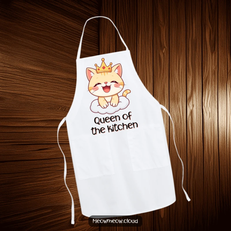 Funny cat apron with a joyful cat wearing a crown on a cloud, bringing regal humor to cooking and baking.