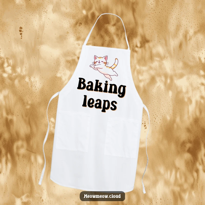Funny leaping cat on a kitchen apron, blending agility and humor for cooking enthusiasts.