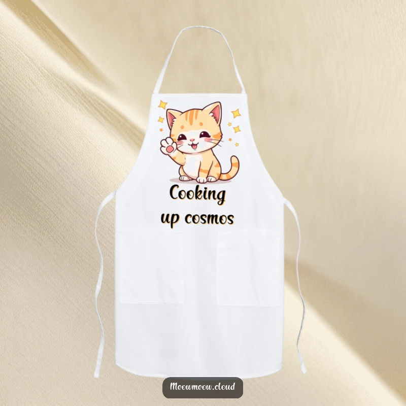 Funny playful cat batting at stars with its paw, a humorous and functional kitchen apron.
