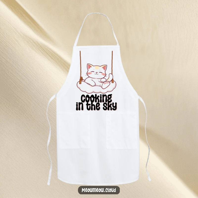 Funny Relaxed Cat Apron: A cat lounging on a cloud swing, ready to help you cook with a funny, relaxed attitude.