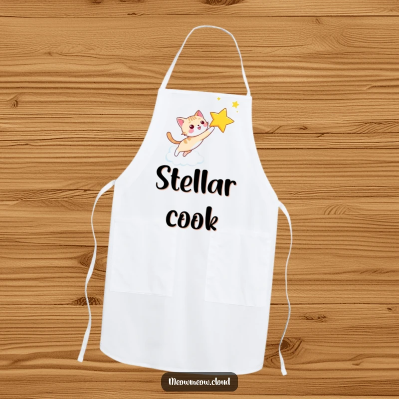 Funny happy cat chasing a star on a cloud sky, featured on a chef apron for humorous and inspirational kitchen wear.