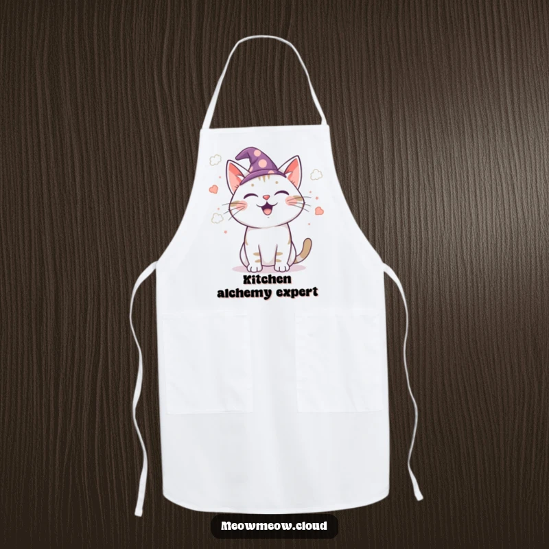 Funny wizard cat apron, cat wizard with a hat making cloud confetti, humorous and protective kitchen wear for magical chefs.
