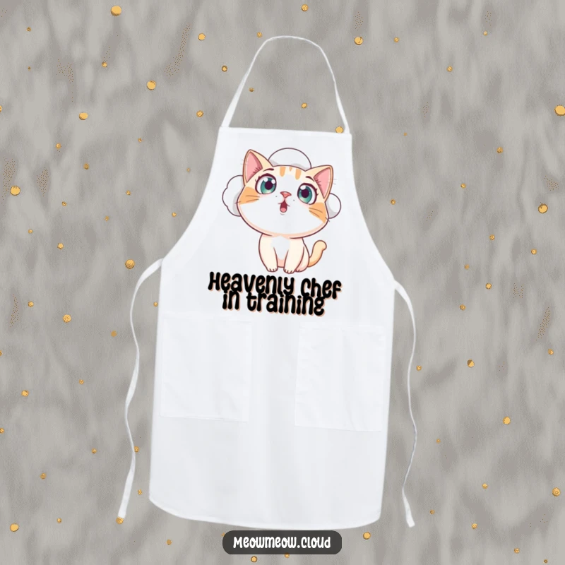 Funny curious cat looking down from a cloud with amazed wide eyes, a humorous apron for cooking and a funny gift.