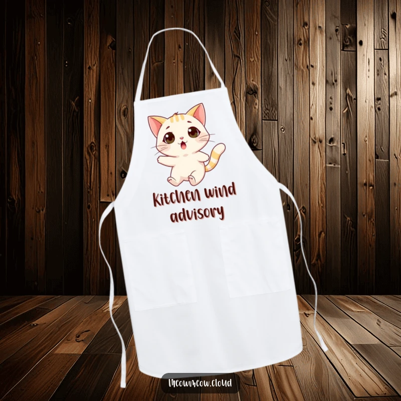 Funny surprised cat apron featuring a cat being carried by a friendly wind gust, adding humor to cooking.