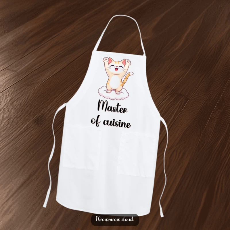 Funny apron with a triumphant cat character on a cloud, arms raised, ready to conquer the kitchen with humor and flair.