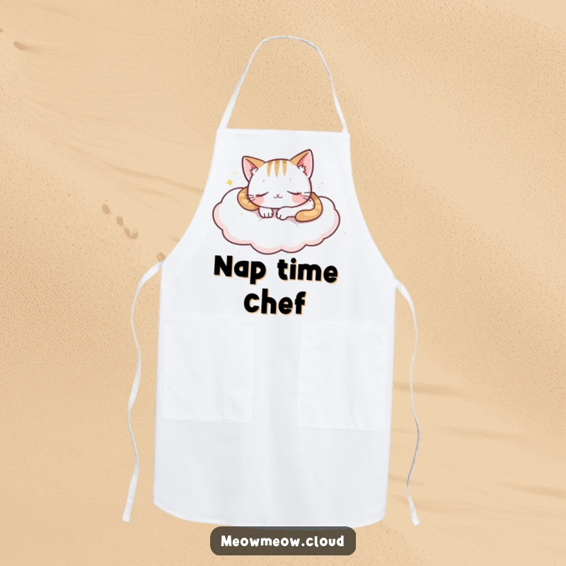 Funny playful cat napping on a cloud, featured on a chef apron for humorous and serene kitchen wear.