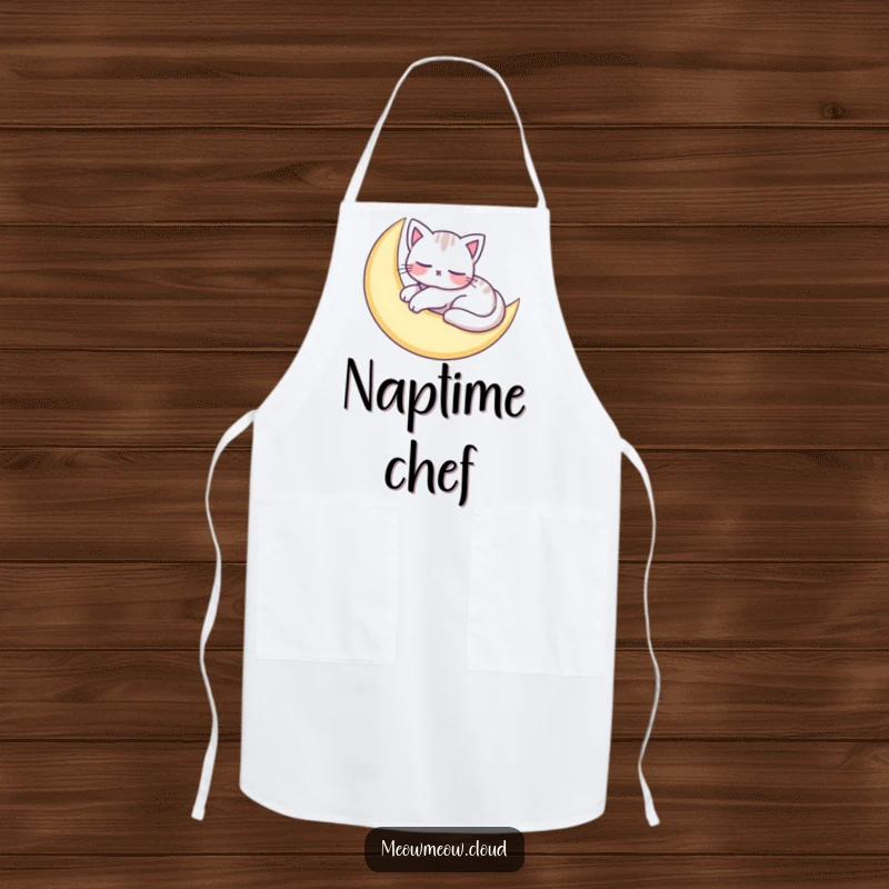 Funny apron featuring an adorable cat character peacefully napping on a crescent moon, bringing tranquility to the kitchen.