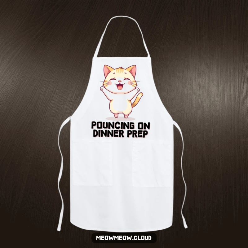 Funny apron featuring a joyful cat in a happy pounce, ideal for energetic kitchen activities.