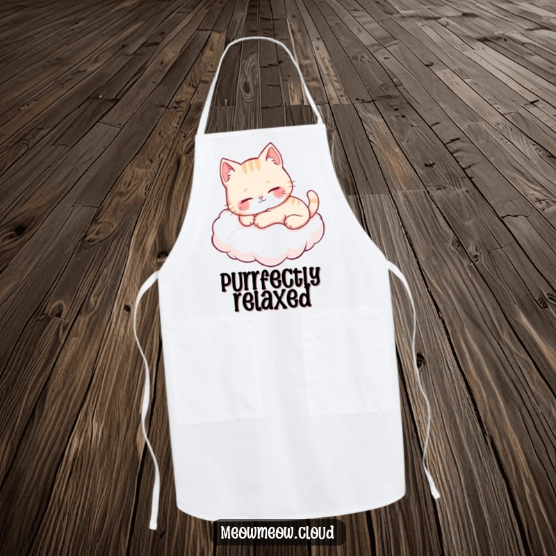 Funny cute cat purring on a cloud, featured on a chef apron for humorous and delightful kitchen wear.