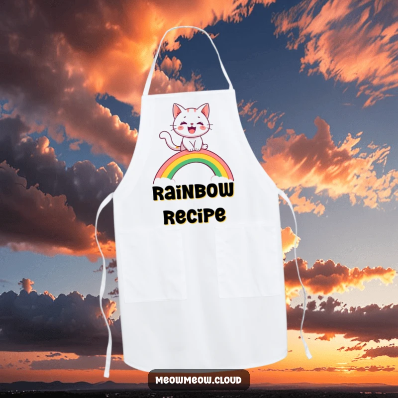 Funny apron featuring a cheerful cat character riding a rainbow arch like a slide, bringing playful adventure to cooking.