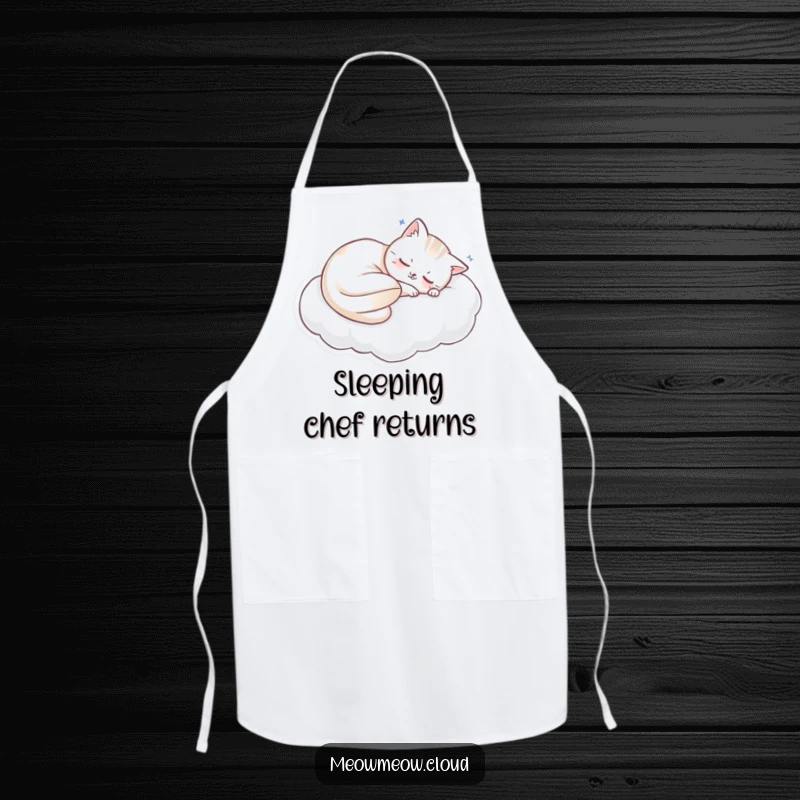 Funny sleeping cat on a cloud, a humorous apron for calm kitchens and funny gifts.