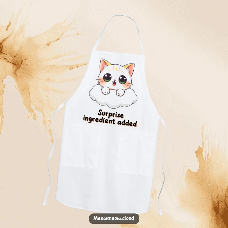 Funny cat apron showing a surprised cat with wide eyes floating on a cloud, bringing humorous flair to cooking.