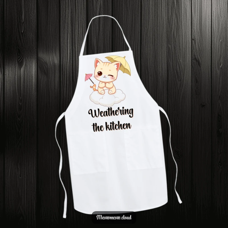 Funny Winking Cat Apron showing a cat on a cloud, holding a tiny umbrella, ready for culinary creations. Protective and stylish kitchen wear.