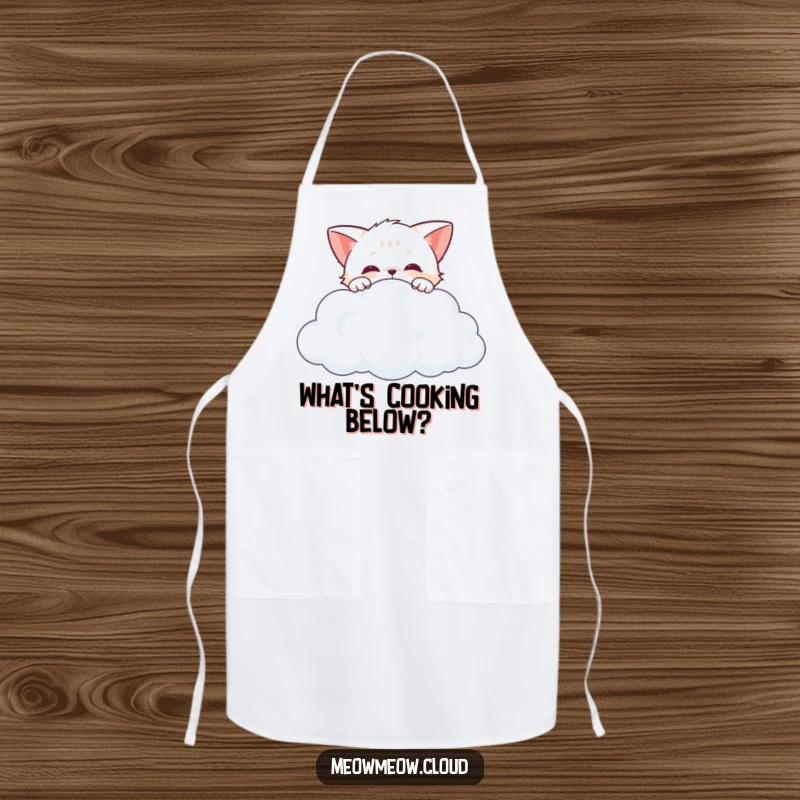 Funny curious cat peeking over the edge of a cloud, a humorous and functional kitchen apron.