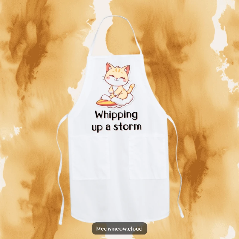 Funny apron with a winking cat character surfing on a cloud, adding a cool and humorous element to kitchen wear.