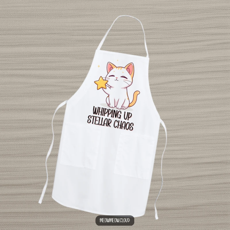 Funny apron featuring a mischievous cat poking a star, perfect for adding humor to kitchen activities.