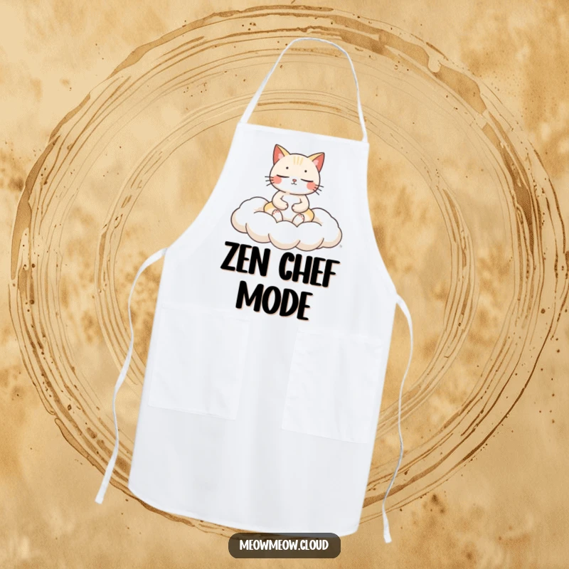 Funny cat meditation apron showing a calm cat meditating on a fluffy cloud cushion, ideal for peaceful cooking.