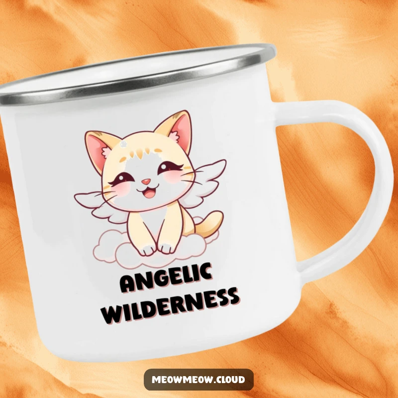 Funny angel cat camping mug, rugged mug featuring a cat with wings floating through clouds, ideal for serene outdoor enjoyment.