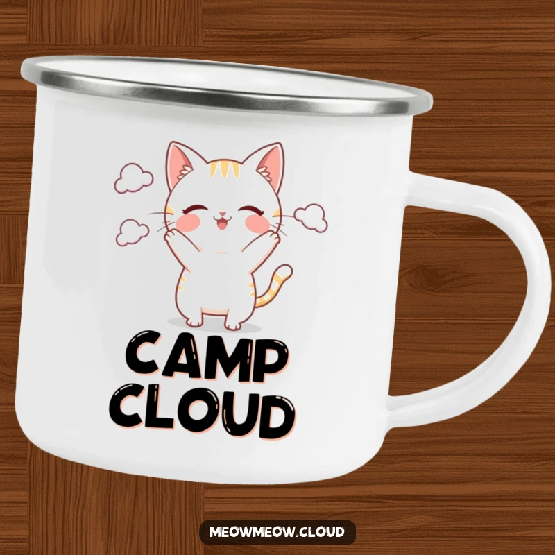 Funny Camping Mug featuring a playful cat character juggling clouds, durable for adventures and bringing a touch of sky-high whimsy.