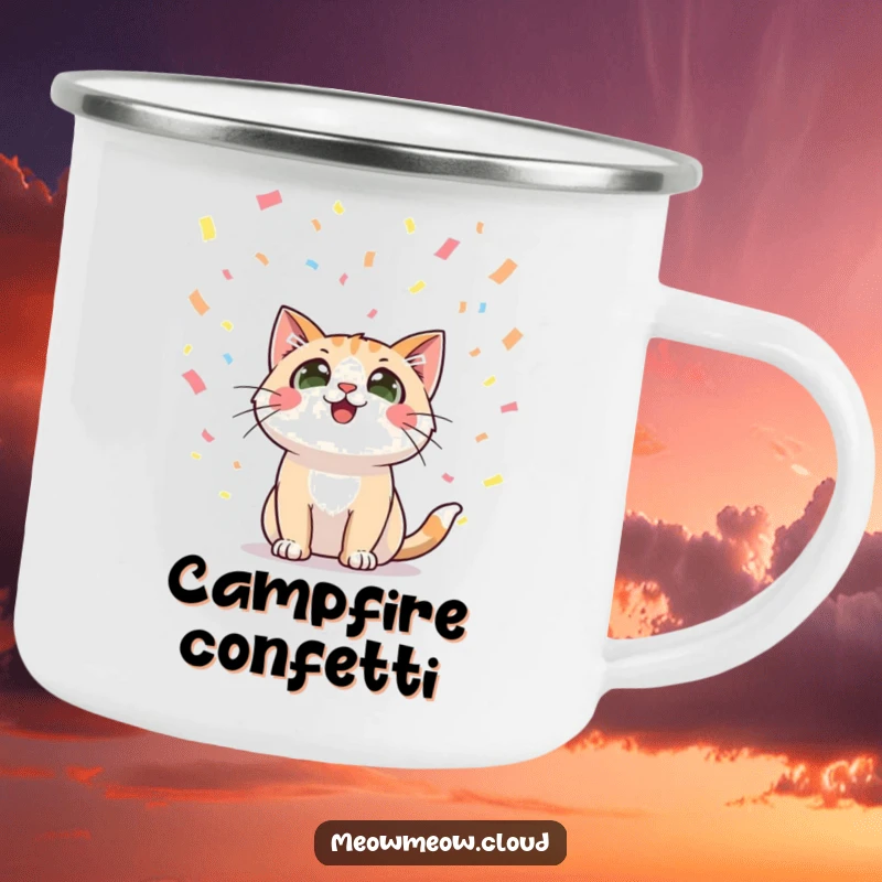 Funny camping mug featuring a happy cat character looking up with wide eyes at falling confetti, perfect for festive outdoor enjoyment.